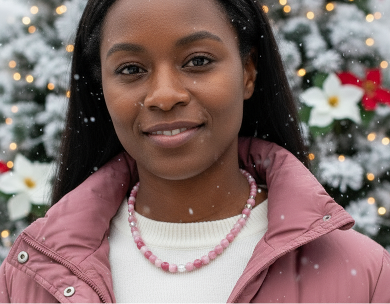 Lovely Pink and White Jasper & Crystal Beaded Necklace - handcrafted by Artistry Jewelry