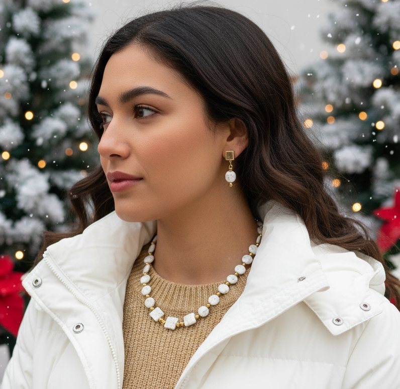 Enticing White Magnesite and Gold Beaded Necklace Set