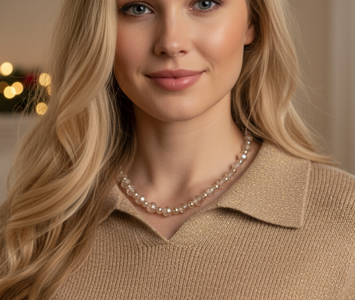 Beautiful Peach/Amber, Crystal and Cream, Golden Shadow Beaded Necklace Set handcrafted by Artistry Jewelry