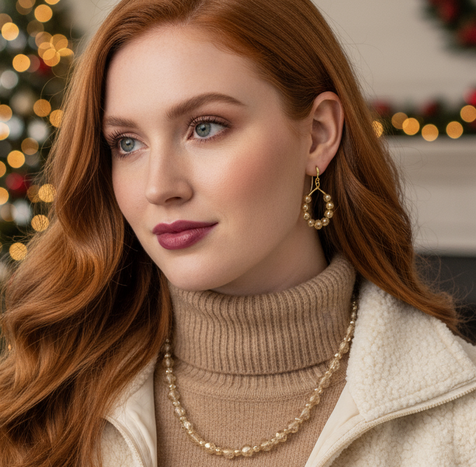 Beautiful Peach/Amber, Crystal and Cream, Golden Shadow Beaded Necklace Set handcrafted by Artistry Jewelry