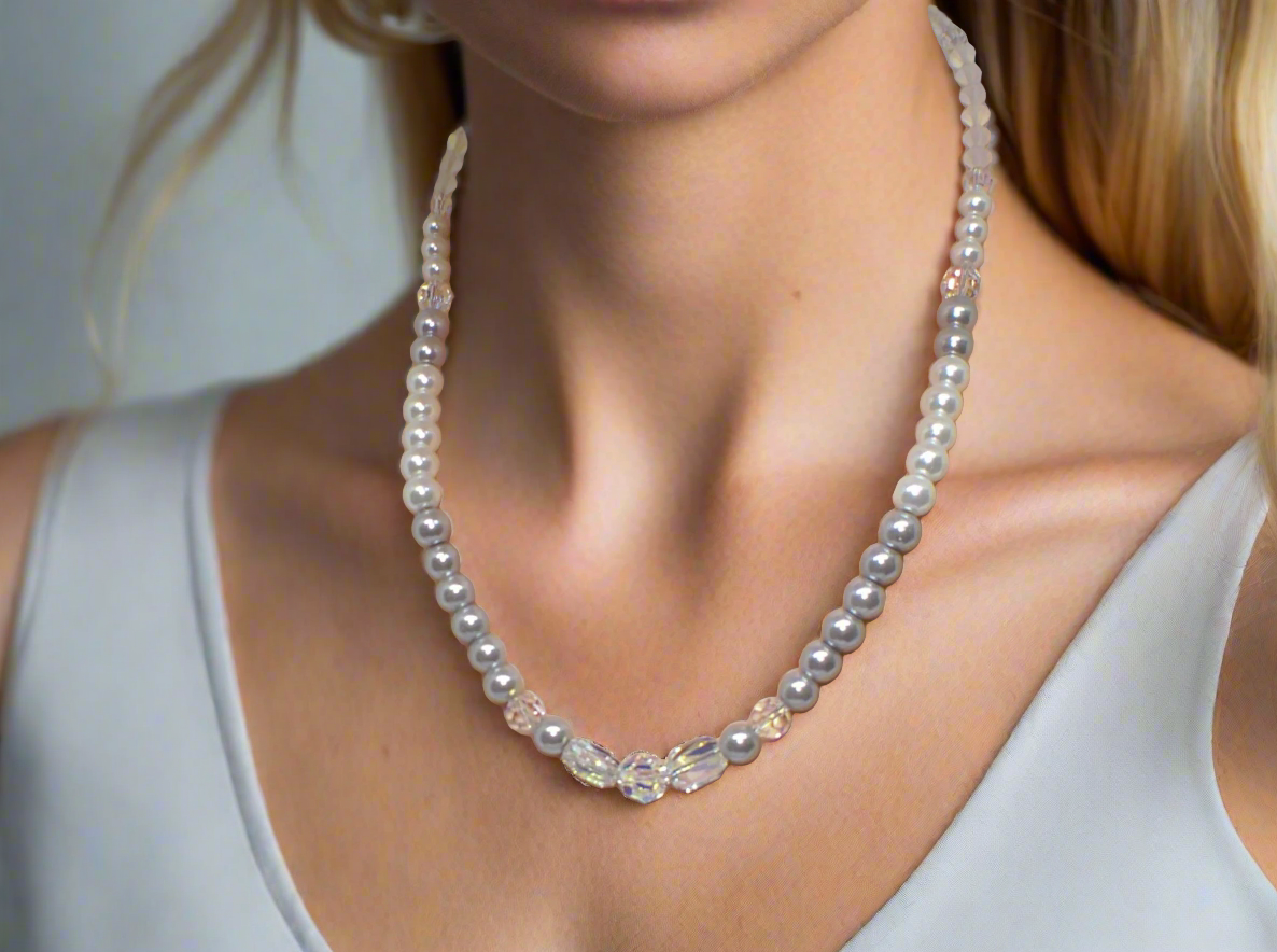 Beautiful Pearl Silver Beads with Graphic Crystals, One-of-a-Kind, Beaded Necklace - handcrafted by Artistry Jewelry