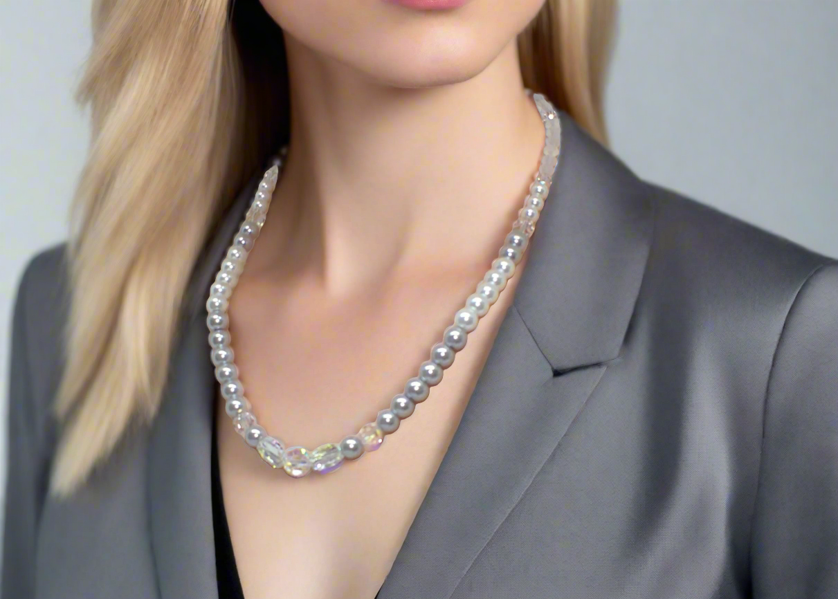 Beautiful Pearl Silver Beads with Graphic Crystals, One-of-a-Kind, Beaded Necklace - handcrafted by Artistry Jewelry