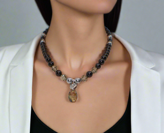 Gorgeous Black Diamond Crystals, Cubic Zirconia, and Black Pearl Beads, One-of-a-Kind Beaded Necklace - handcrafted by Artistry Jewelry