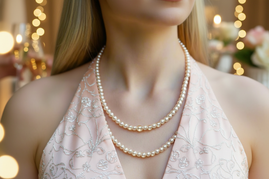 Beautiful Light Peach, Stardust, and Pearl, Two-Strand Beaded Necklace handcrafted by Artistry Jewelry