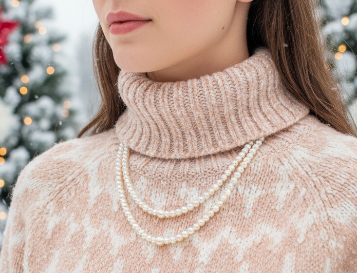 Beautiful Light Peach, Stardust, and Pearl, Two-Strand Beaded Necklace handcrafted by Artistry Jewelry