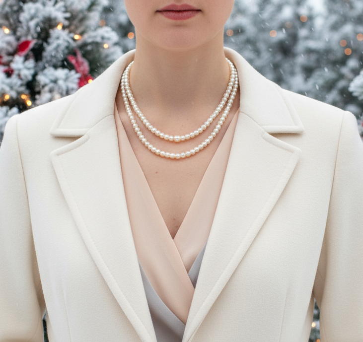 Beautiful Light Peach, Stardust, and Pearl, Two-Strand Beaded Necklace handcrafted by Artistry Jewelry