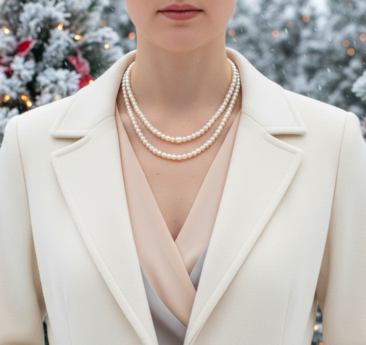 Beautiful Light Peach, Stardust, and Pearl, Two-Strand Beaded Necklace handcrafted by Artistry Jewelry