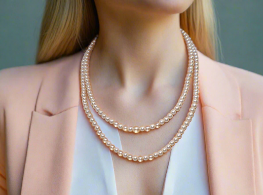 Beautiful Light Peach, Stardust, and Pearl, Two-Strand Beaded Necklace handcrafted by Artistry Jewelry
