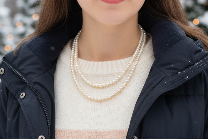 Beautiful Light Peach, Stardust, and Pearl, Two-Strand Beaded Necklace handcrafted by Artistry Jewelry
