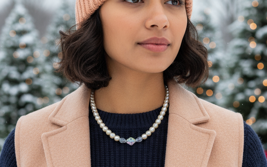 Precious Light Peach, Silver, Crystal and Pearl Beaded Necklace handcrafted by Artistry Jewelry