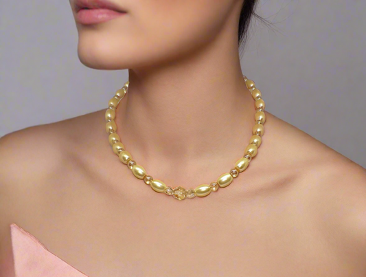 Sweet Golden Shadow Crystals, Light Peach/Champagne Beaded Necklace Set-crafted by Artistry Jewelry