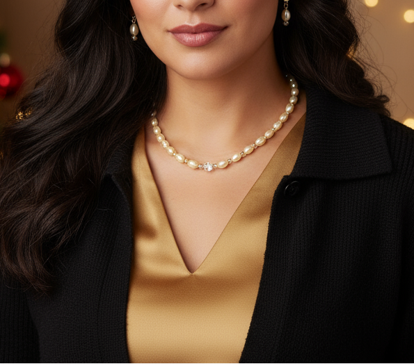 Sweet Golden Shadow Crystals, Light Peach/Champagne Beaded Necklace Set-crafted by Artistry Jewelry