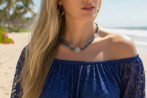 Stunning Natural Sea Blue Imperial Jasper, Lava beads and Silver Hematite, Semi-precious, Beaded Necklace Set - handcrafted by Artistry Jewelry