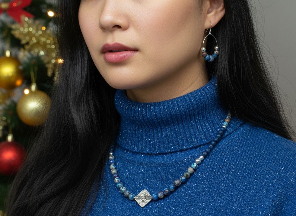 Stunning Natural Sea Blue Imperial Jasper, Lava beads and Silver Hematite, Semi-precious, Beaded Necklace Set - handcrafted by Artistry Jewelry