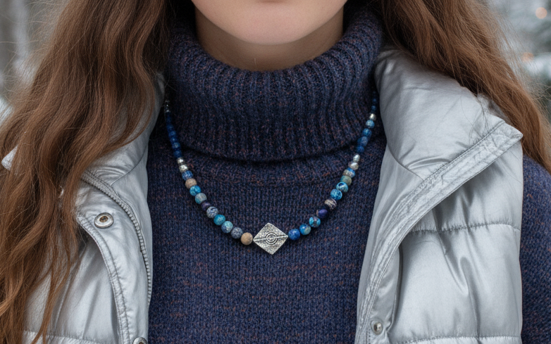 Stunning Natural Sea Blue Imperial Jasper, Lava beads and Silver Hematite, Semi-precious, Beaded Necklace Set - handcrafted by Artistry Jewelry