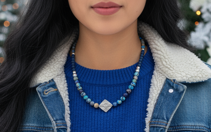 Stunning Natural Sea Blue Imperial Jasper, Lava beads and Silver Hematite, Semi-precious, Beaded Necklace Set - handcrafted by Artistry Jewelry