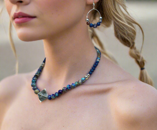 Stunning Natural Sea Blue Imperial Jasper, Lava beads and Silver Hematite, Semi-precious, Beaded Necklace Set - handcrafted by Artistry Jewelry