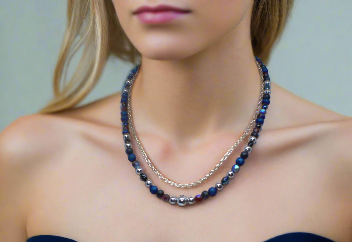 Radiant Blue Natural Lava and Hematite Beaded Two-Strand Necklace