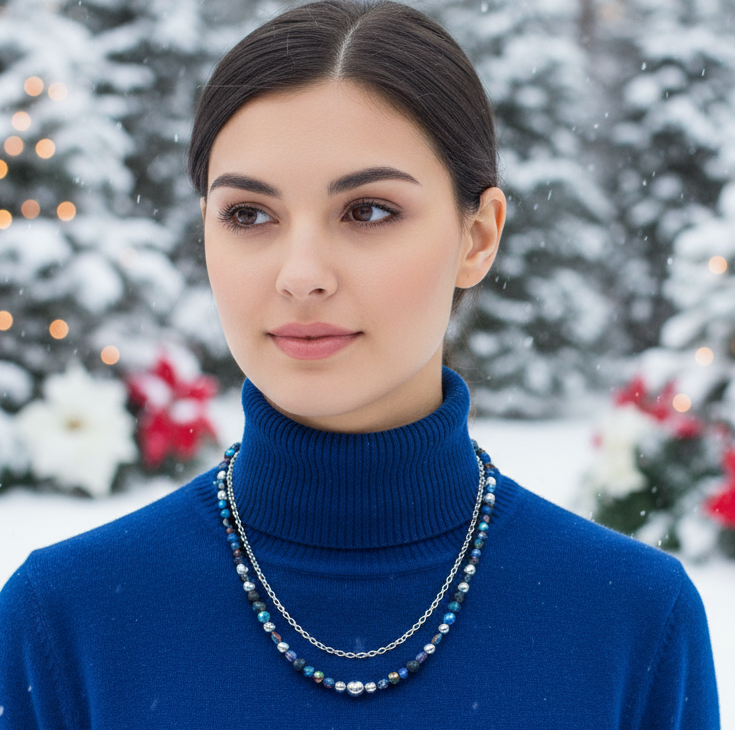 Radiant Blue Natural Lava and Hematite Beaded Two-Strand Necklace