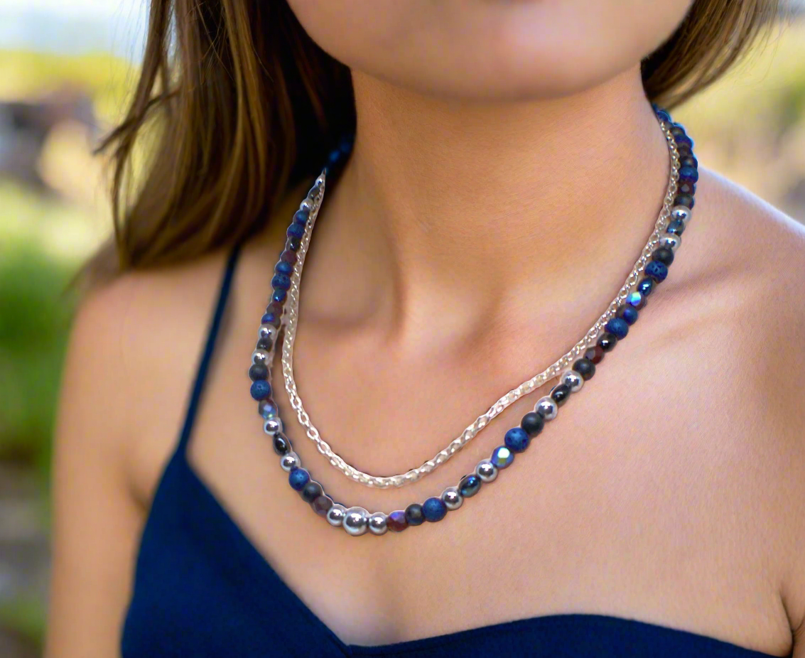 Radiant Blue Natural Lava and Hematite Beaded Two-Strand Necklace