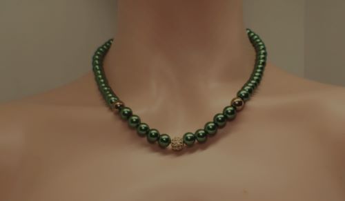 Stunning Cubic Zirconia, Czech Green Satin Beads, and Gold Hematite, Beaded Necklace, One-of-a-Kind, Crafted by Artistry Jewelry