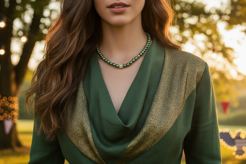 Stunning Cubic Zirconia, Czech Green Satin Beads, and Gold Hematite, Beaded Necklace, One-of-a-Kind, Crafted by Artistry Jewelry
