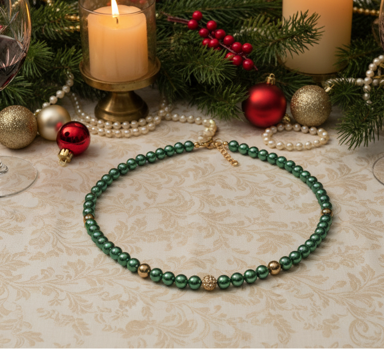 Stunning Cubic Zirconia, Czech Green Satin Beads, and Gold Hematite, Beaded Necklace, One-of-a-Kind, Crafted by Artistry Jewelry