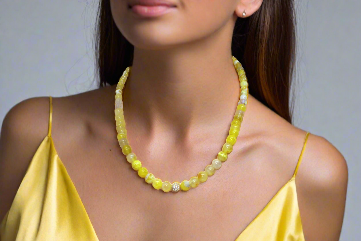 Fabulous Yellow Fire Agates and Cubic Zirconia Semi-precious, One-of-a-Kind, Beaded Necklace - handcrafted by Artistry Jewelry