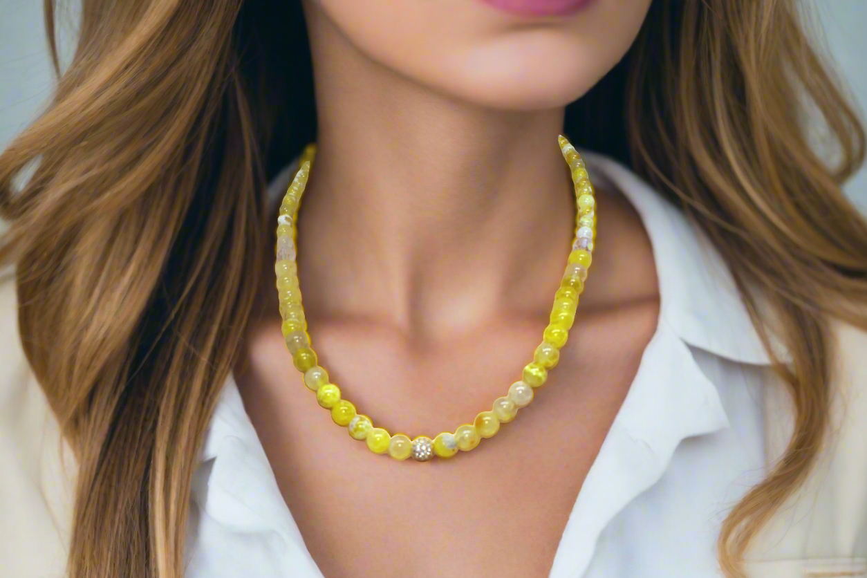 Fabulous Yellow Fire Agates and Cubic Zirconia Semi-precious, One-of-a-Kind, Beaded Necklace - handcrafted by Artistry Jewelry