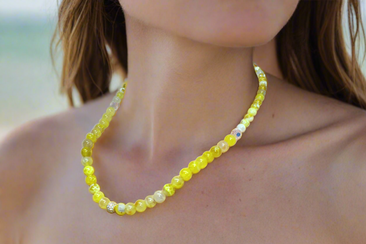 Fabulous Yellow Fire Agates and Cubic Zirconia Semi-precious, One-of-a-Kind, Beaded Necklace - handcrafted by Artistry Jewelry