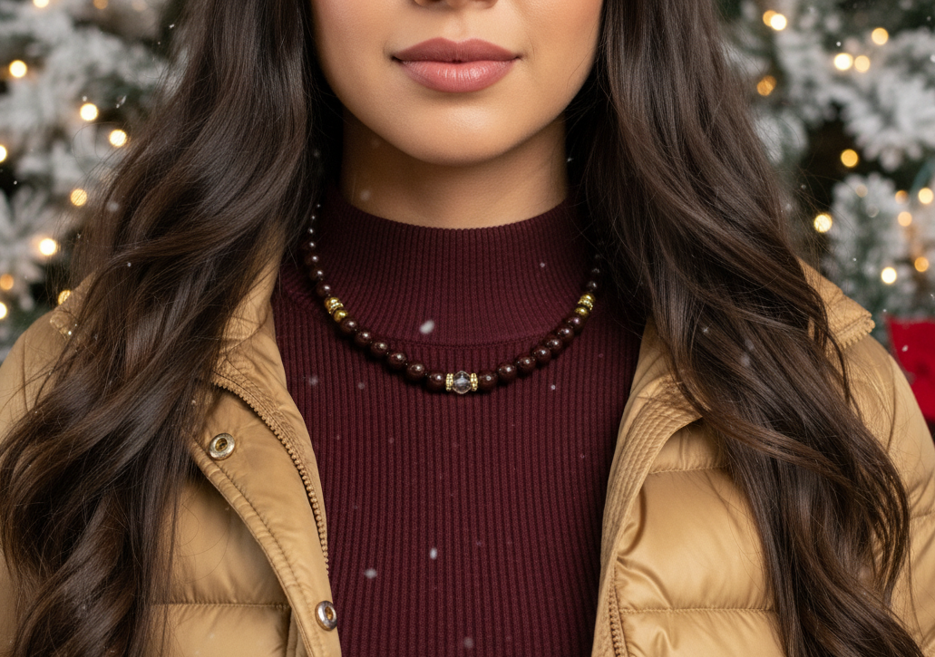 Beautiful Golden Shadow Crystal, Maroon Pearl and Gold Hematite Semi-precious Necklace-handcrafted by Artistry Jewelry
