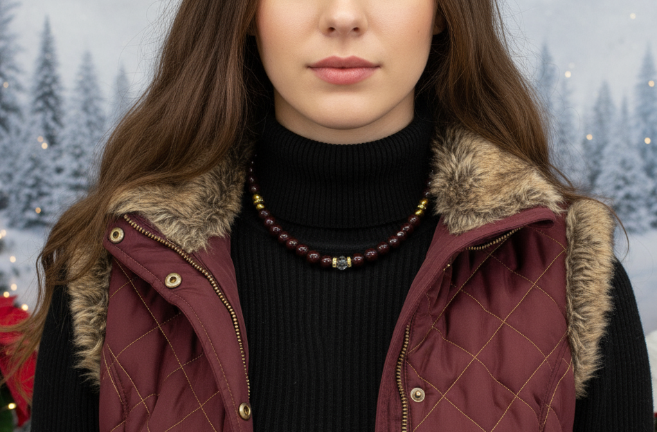 Beautiful Golden Shadow Crystal, Maroon Pearl and Gold Hematite Semi-precious Necklace-handcrafted by Artistry Jewelry