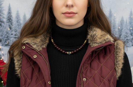 Beautiful Golden Shadow Crystal, Maroon Pearl and Gold Hematite Semi-precious Necklace-handcrafted by Artistry Jewelry