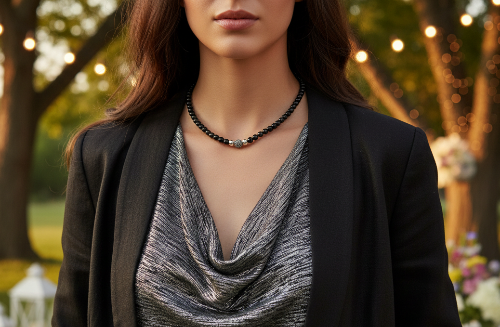 Lovely Black Pearl Beads, Cubic Zirconia, and Silver Rondelles, One-of-a-Kind, Beaded Necklace-handcrafted by Artistry Jewelry