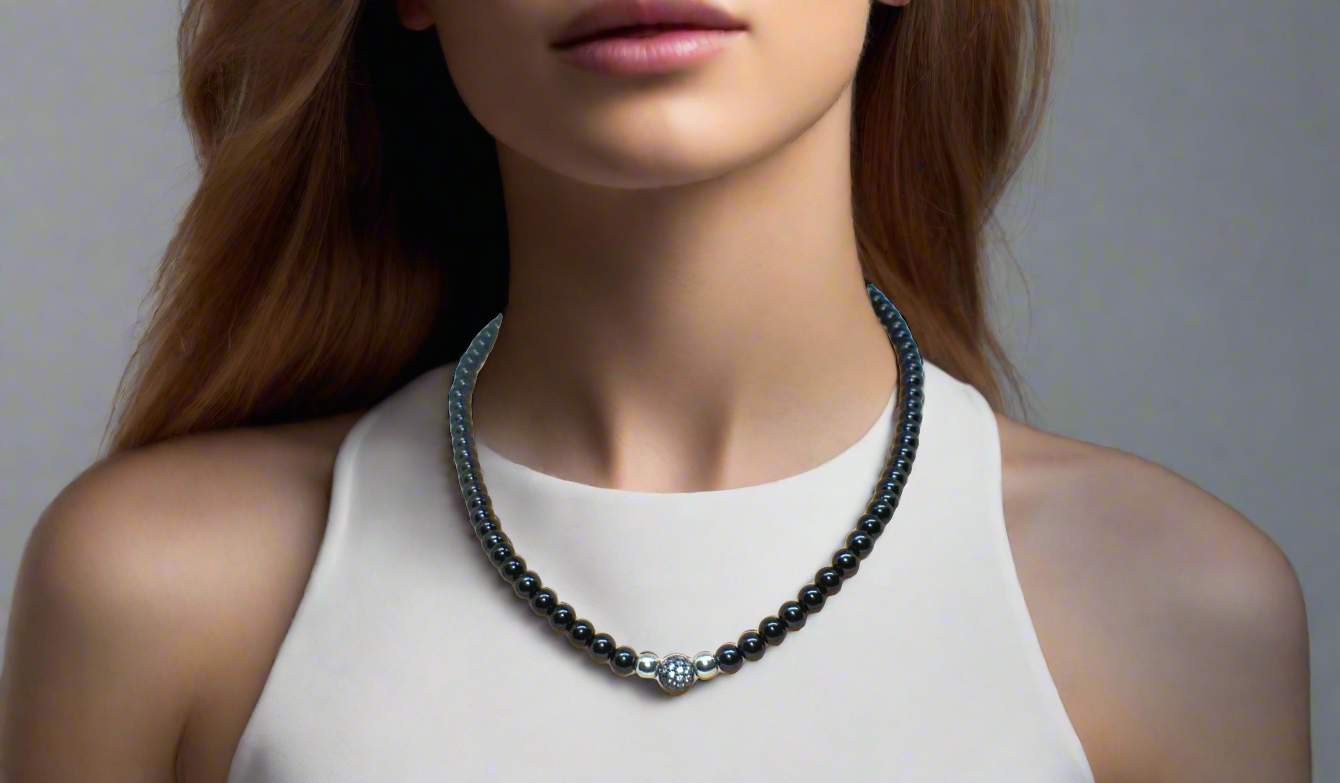 Lovely Black Pearl Beads, Cubic Zirconia, and Silver Rondelles, One-of-a-Kind, Beaded Necklace-handcrafted by Artistry Jewelry