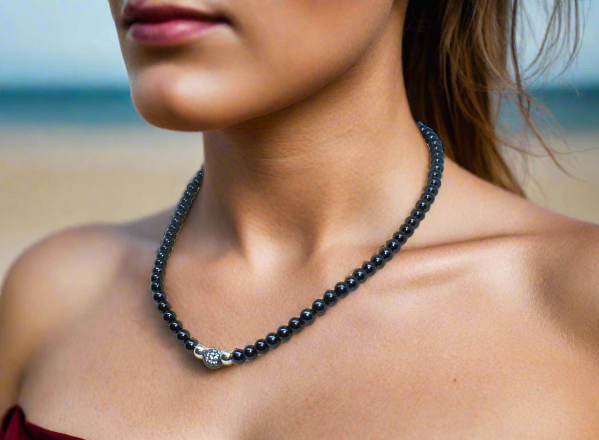 Lovely Black Pearl Beads, Cubic Zirconia, and Silver Rondelles, One-of-a-Kind, Beaded Necklace-handcrafted by Artistry Jewelry