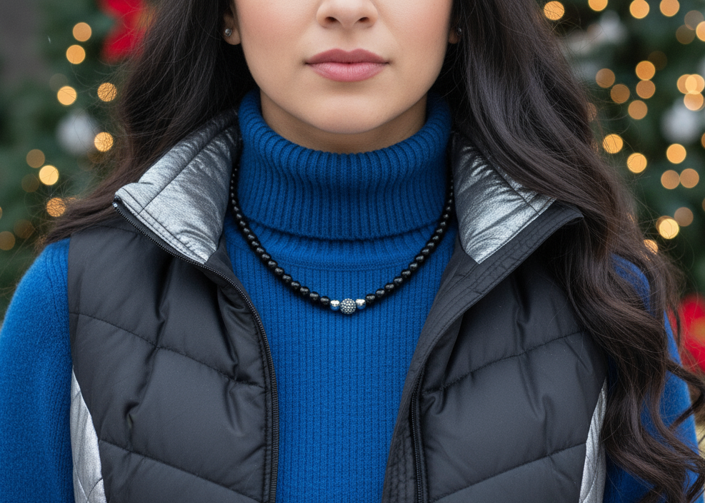 Lovely Black Pearl Beads, Cubic Zirconia, and Silver Rondelles, One-of-a-Kind, Beaded Necklace-handcrafted by Artistry Jewelry