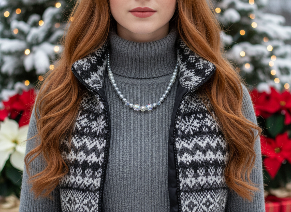 Beautiful Pearl Silver Beads with Graphic Crystals, One-of-a-Kind, Beaded Necklace - handcrafted by Artistry Jewelry