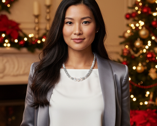 Beautiful Pearl Silver Beads with Graphic Crystals, One-of-a-Kind, Beaded Necklace - handcrafted by Artistry Jewelry