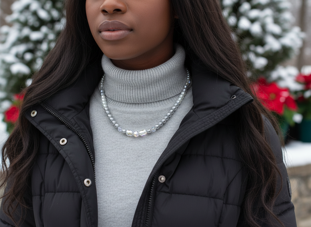Beautiful Pearl Silver Beads with Graphic Crystals, One-of-a-Kind, Beaded Necklace - handcrafted by Artistry Jewelry