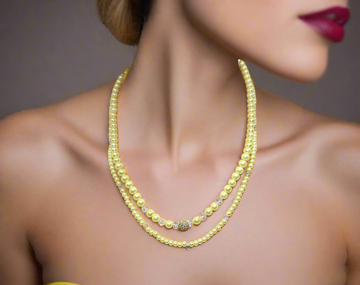 Gorgeous Yellow Pearl Beads,Briolette Crystals, and Cubic Zirconia, One-of-a-Kind Beaded Necklace-handcrafted by Artistry Jewelry