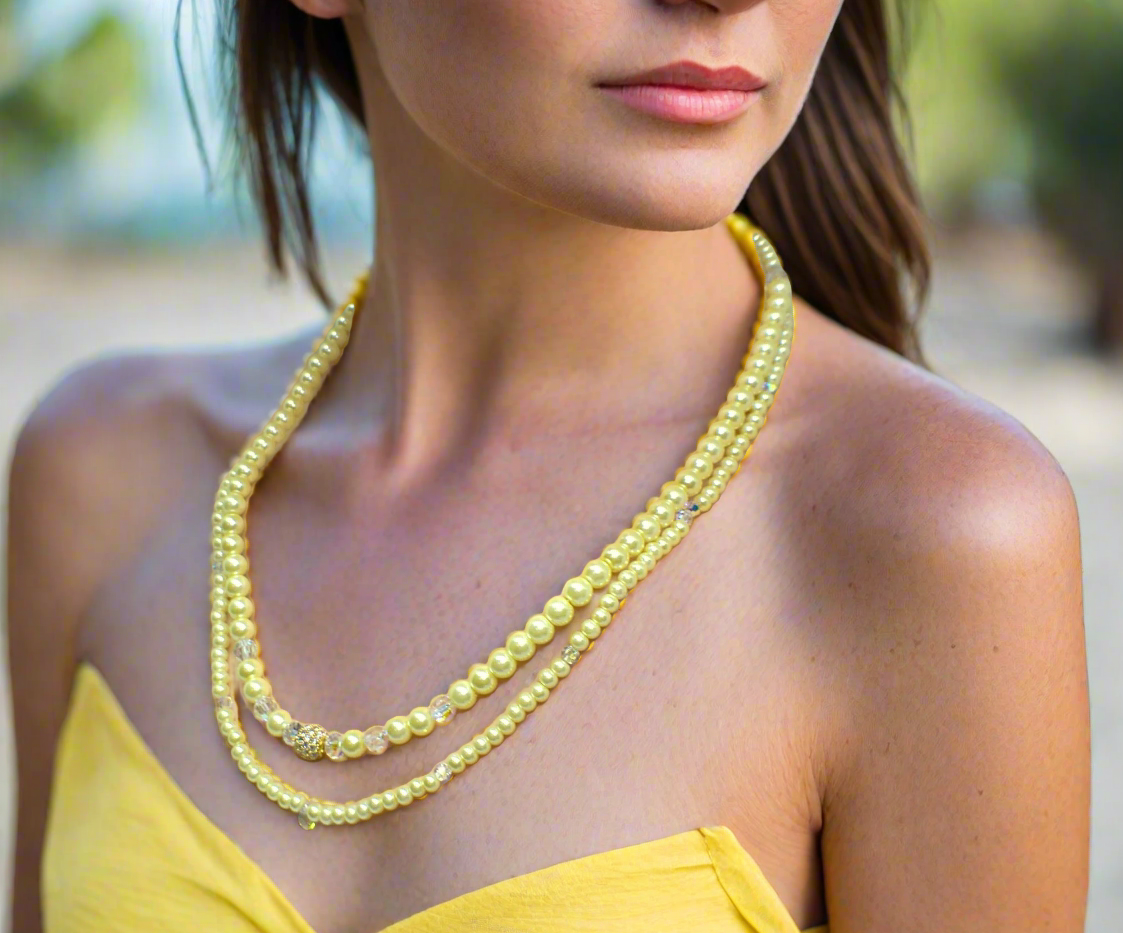 Gorgeous Yellow Pearl Beads,Briolette Crystals, and Cubic Zirconia, One-of-a-Kind Beaded Necklace-handcrafted by Artistry Jewelry