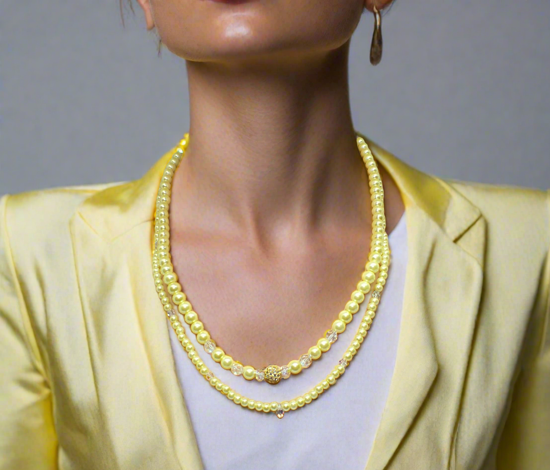 Gorgeous Yellow Pearl Beads,Briolette Crystals, and Cubic Zirconia, One-of-a-Kind Beaded Necklace-handcrafted by Artistry Jewelry