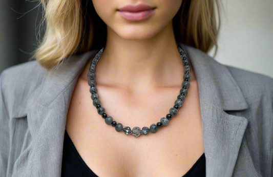 Gorgeous Black Diamond Crystal, Labradorite, Silver Hematite, and Baroque beads, Beaded Necklace - handcrafted by Artistry Jewelry