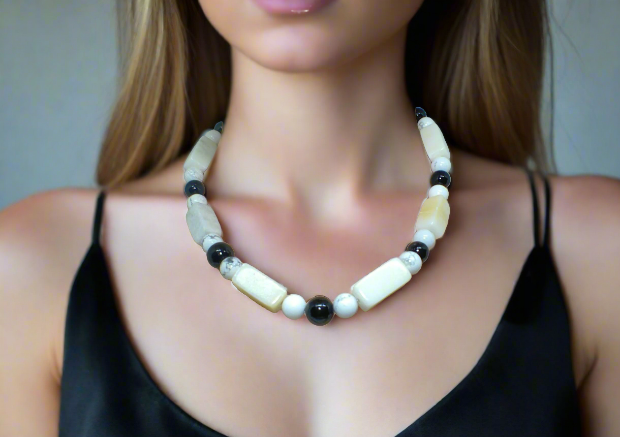 Lovely Natural Snow Quartz, Black Onyx, Howlite and Mountain Jade, Semi-precious, One-of-a -kind, Beaded Necklace A-crafted by Artistry Jewelry