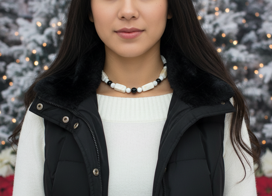 Lovely Natural Snow Quartz, Black Onyx, Howlite and Mountain Jade, Semi-precious, One-of-a -kind, Beaded Necklace A-crafted by Artistry Jewelry