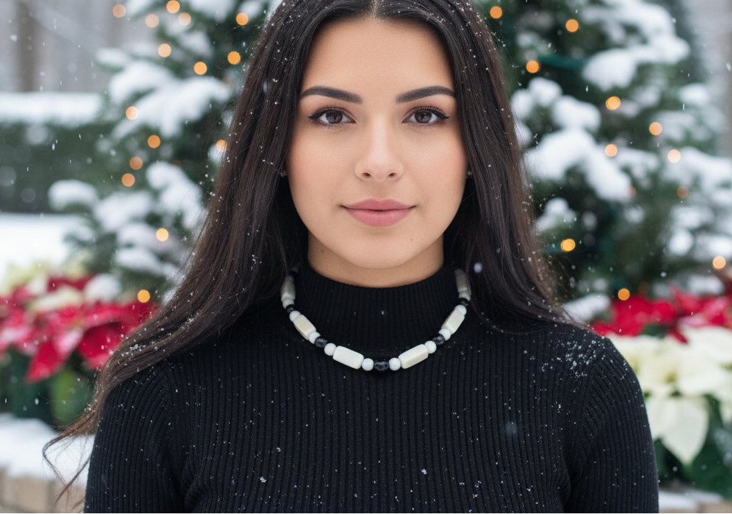 Lovely Natural Snow Quartz, Black Onyx, Howlite and Mountain Jade, Semi-precious, One-of-a -kind, Beaded Necklace A-crafted by Artistry Jewelry