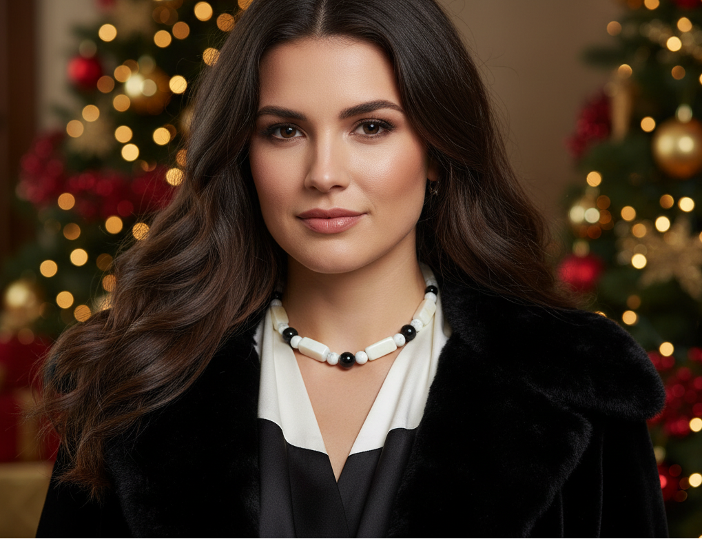 Lovely Natural Snow Quartz, Black Onyx, Howlite and Mountain Jade, Semi-precious, One-of-a -kind, Beaded Necklace A-crafted by Artistry Jewelry