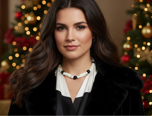 Lovely Natural Snow Quartz, Black Onyx, Howlite and Mountain Jade, Semi-precious, One-of-a -kind, Beaded Necklace A-crafted by Artistry Jewelry