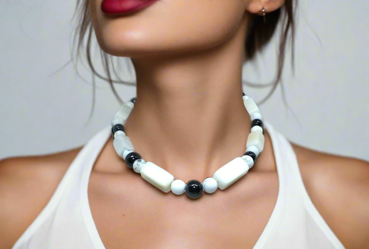 Lovely Natural Snow Quartz, Black Onyx, Howlite and Mountain Jade, Semi-precious, One-of-a -kind, Beaded Necklace A-crafted by Artistry Jewelry
